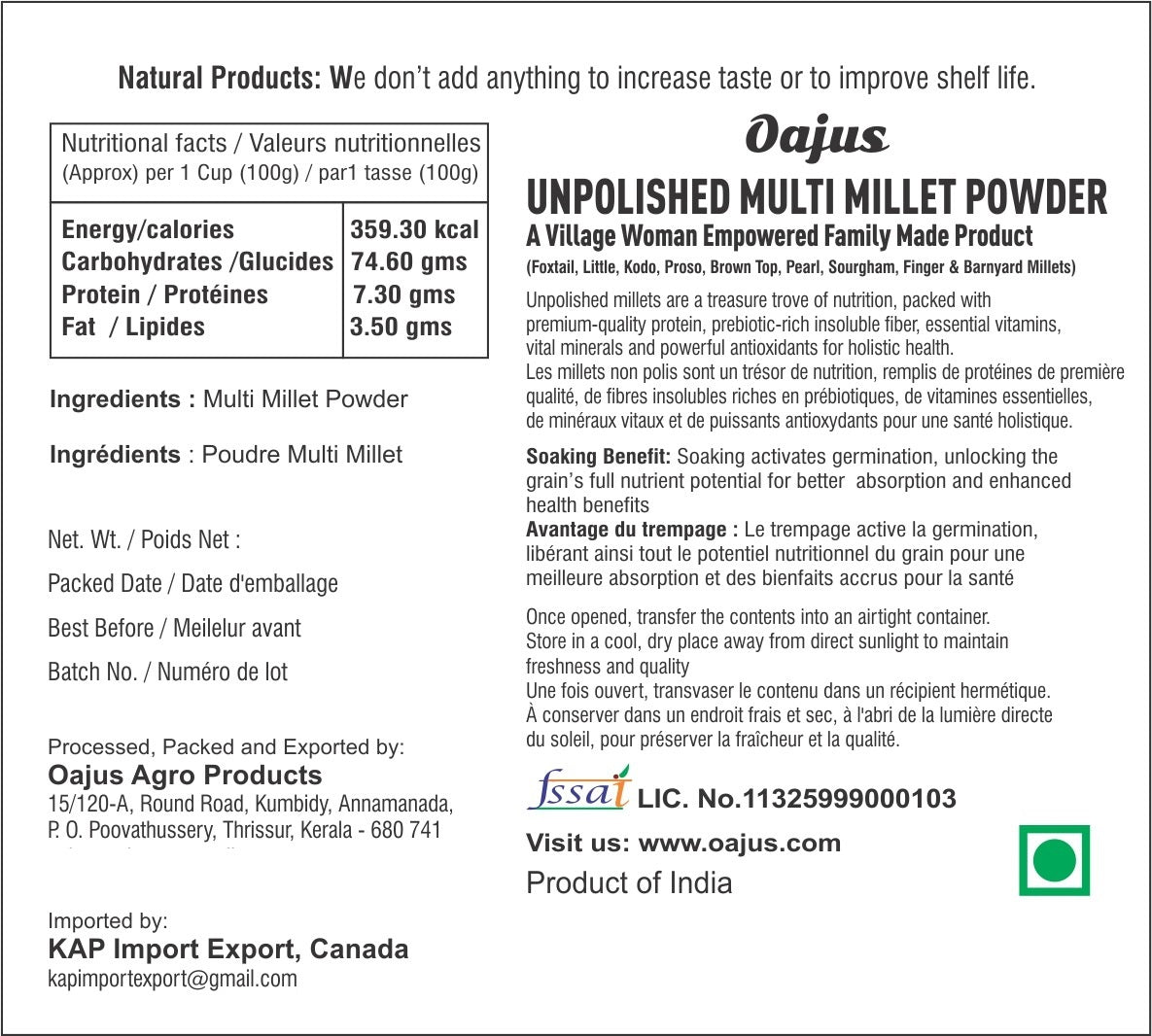 Oajus NUTRI Millet Powder (Baking & Shakes)